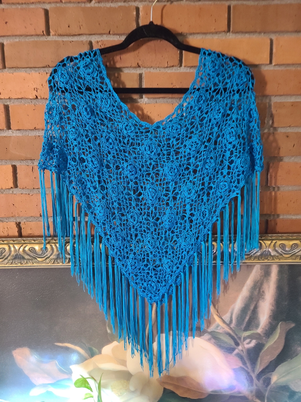 Turquoise Crochet Fringe Poncho